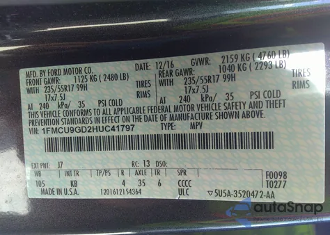 2017 Ford Escape Se из США, поврежденный, VIN 1FMCU9GD2HUC41797